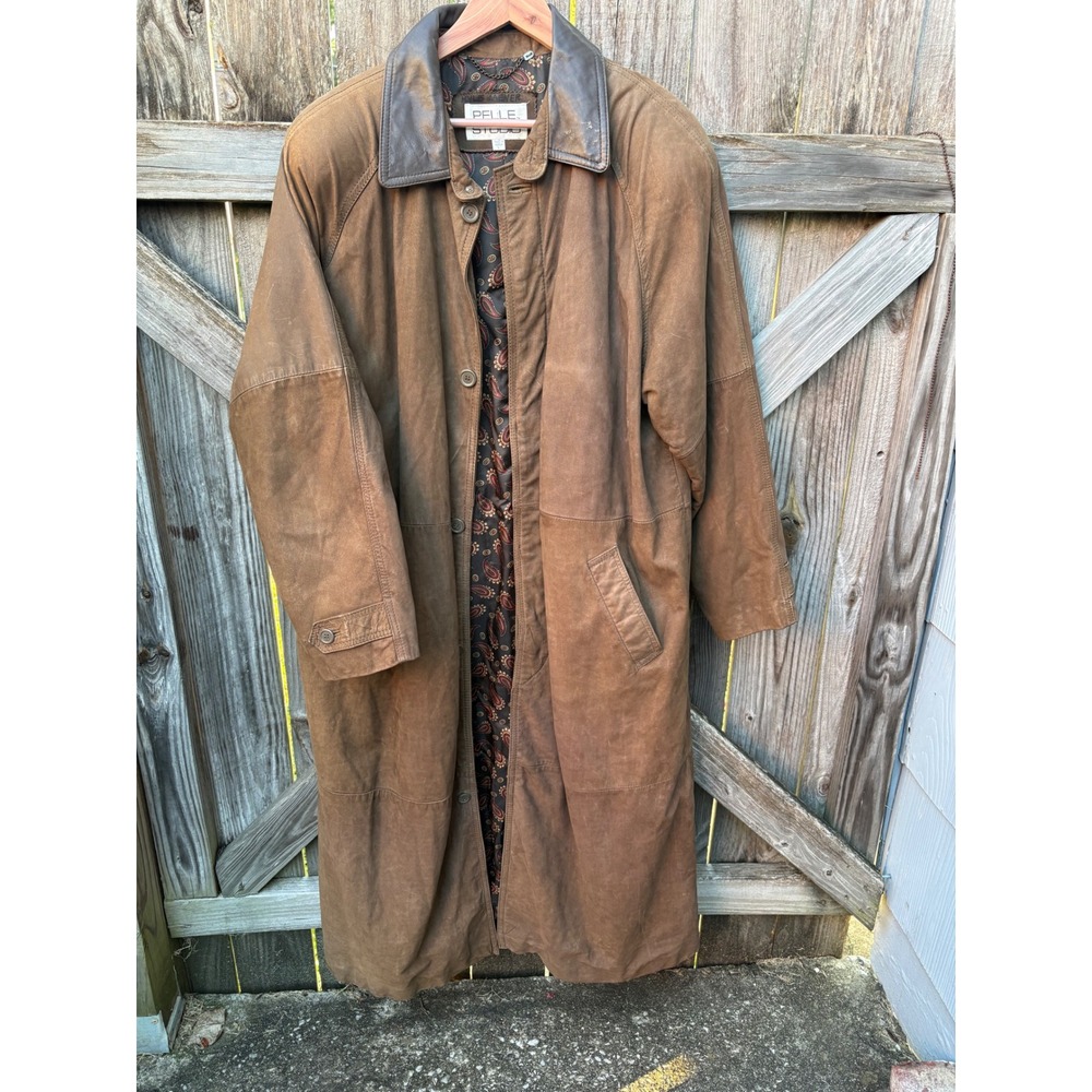 Pelle Studio Mens Brown Leather Trench Coat Long Duster Paisley Lining Large
